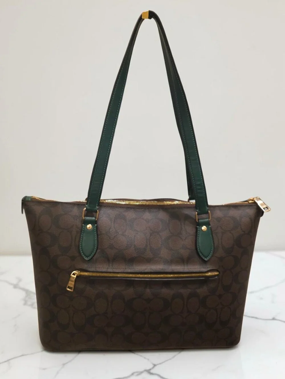 Coach CH504 Signature C Pine Green Leather Large Tote Bag Brown Gold HTF